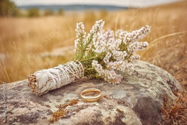 Obraz Herbal Smudge Bundle and Wedding Ring Resting on a Wild Stone in Nature During Golden Hour