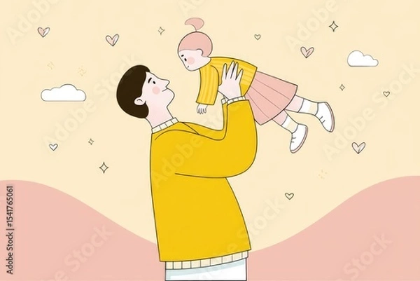 Obraz Dad Joyfully Lifting Baby in the Air Against a Soft Pastel Background Filled With Hearts and Clouds