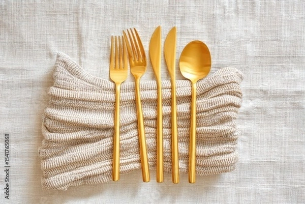 Obraz Elegant Golden Utensils Arranged on a Textured Cloth for a Juneteenth Dessert Celebration