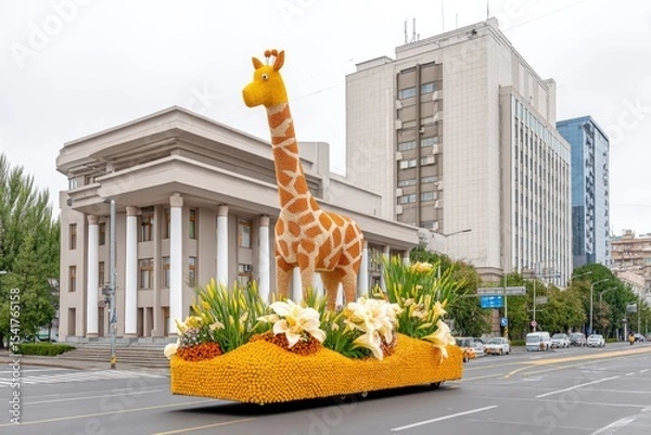 Obraz Massive Flower Float Featuring a Giraffe Head Moves Through the City During a Vibrant Parade Celebration