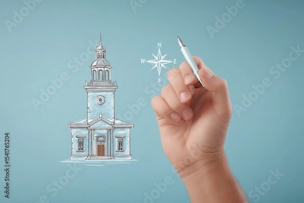 Obraz Minimalist Line Drawing of an Academic Building With a Hand Drawing a Compass on a Blue Background