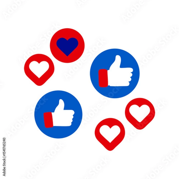 Fototapeta  PNG Facebook Like and love icon button, social media reaction icons background, hearts and thumbs up symbols in red and blue button icon. engagement