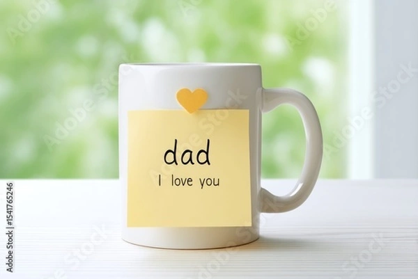 Fototapeta Coffee Mug on a Desk With a Sticky Note Expressing Affection for Dad