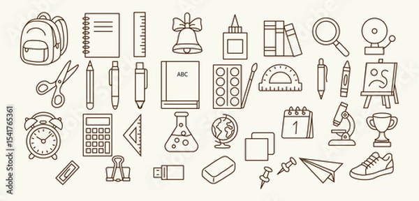 Obraz Outline vector set of school supplies: backpacks, notebooks, tools, science and creativity. Ideal for school posters, blogs, presentations and printed products.