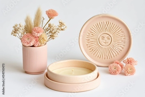 Obraz Ritual Boho Altar Featuring Clay Sun Symbol With Pastel Tones, Candles, and Dried Flowers