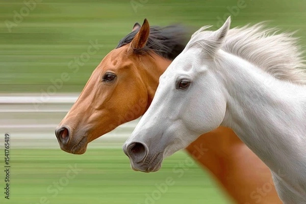 Obraz Horses Run at High Speed in Blurred Motion Through a Green Field Under Bright Sunlight During an Equestrian Event