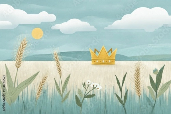 Obraz Seasonal Solstice Print Featuring a Golden Crown Amidst a Muted Tone Field With Soft Clouds and Sunlight