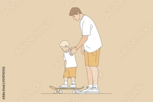 Obraz Dad Teaches Child to Skateboard on a Sunny Day in the Park, Fostering Confidence and Skill Development