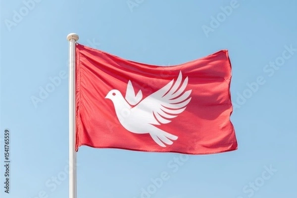 Obraz Waving Red Flag With a White Dove Symbol Against a Clear Blue Sky