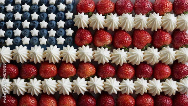 Obraz A flag-themed dessert arrangement made with fresh strawberries, blueberries, star-shaped marshmallows and white whipped cream.
