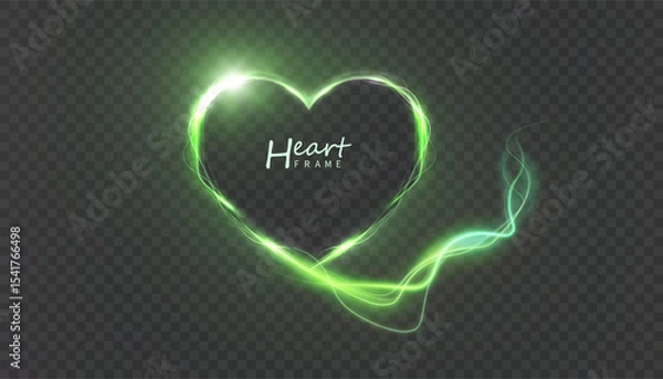 Obraz Light heart outline with bright green glow and bright glitter on transparent background. Suitable for romantic designs, cards, posters and interfaces.