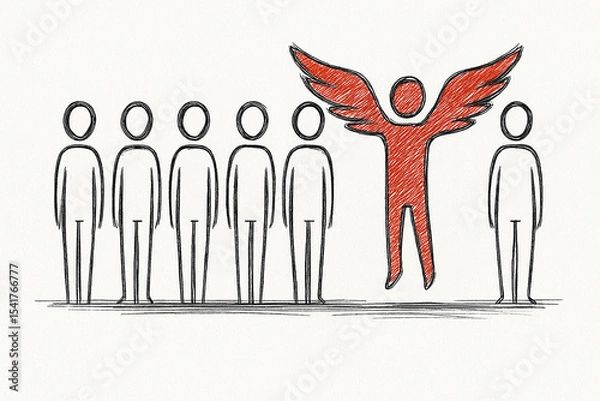 Obraz Sketch of a standout red figure with wings among plain figures, symbolizing uniqueness and leadership