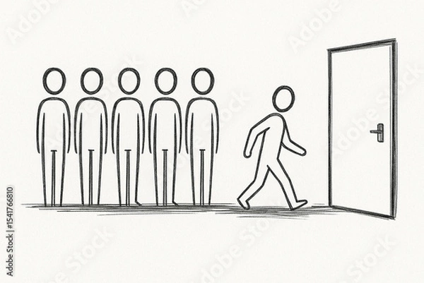 Obraz Sketch of a person breaking away from a group and walking toward an open door, symbolizing new opportunities