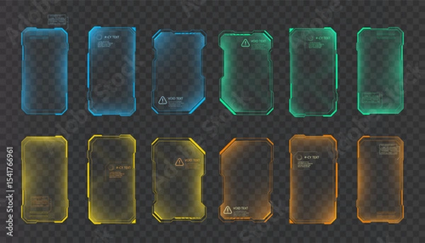 Fototapeta Set of rectangular sci-fi interface frames with backlight for HUD design. Used in UI, games and techno animation.