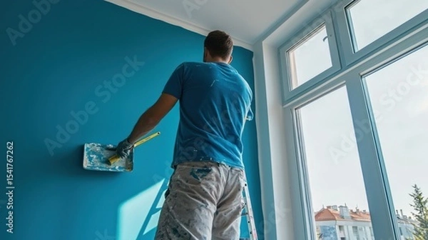 Obraz Professional interior painter applying color to the walls of a modern room.