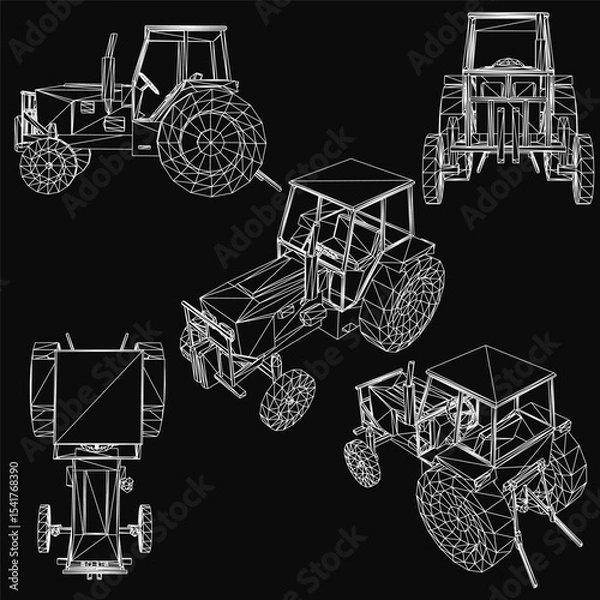 Fototapeta Detailed tractors in a set, each with unique design and bright colors, isolated on a black background for high contrast. The illustration highlights distinct features like wheels, cabins