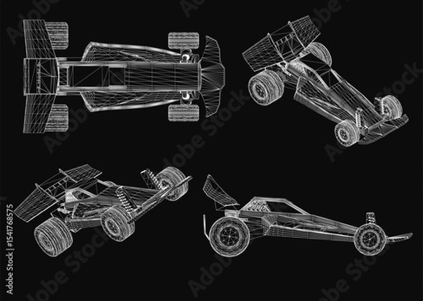 Fototapeta A sleek 3D wireframe race car model stands out against a black background, showcasing intricate design details. The toy car set features realistic rendering with a futuristic aesthetic.