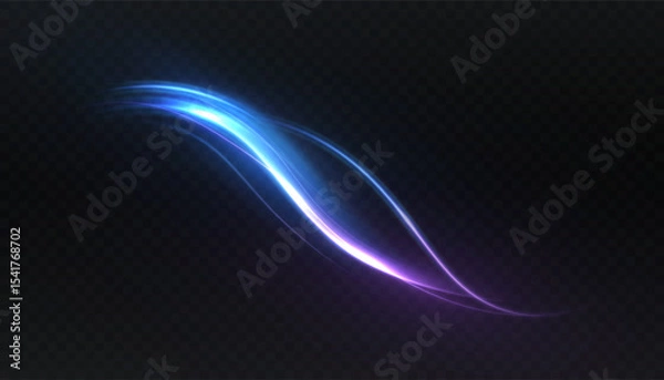Obraz Smooth vector light pulsating wave in blue and purple tones with dynamic glow and soft fading effect. Elegant motion stripe curve on dark background for sci-fi interfaces or energy visuals.