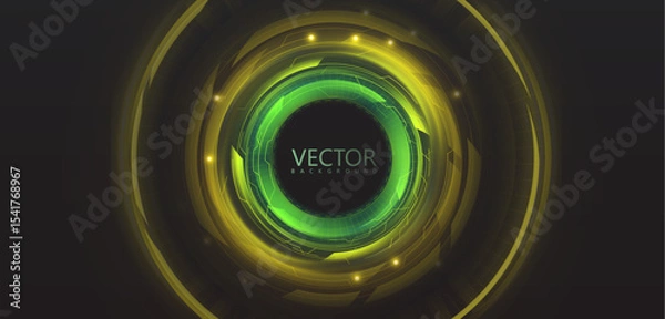 Obraz Bright tech circle with green-yellow glow, depth effect and abstract lines. Vector background for interfaces, presentations and tech designs.
