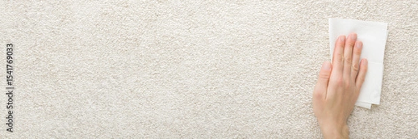 Fototapeta Young adult woman hand holding white dry paper napkin and cleaning light soft home carpet. Flat lay. Closeup. Empty place for text. Wide banner. Top down view.