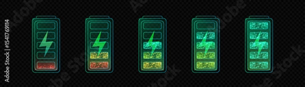 Fototapeta Colorful battery level icons with shimmering particles. Smooth gradient from red to green, reflecting the energy level.