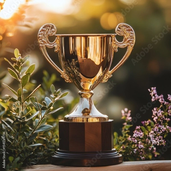 Obraz Glimmering Trophy Celebrates Championship Success in a Sunlit Garden Setting