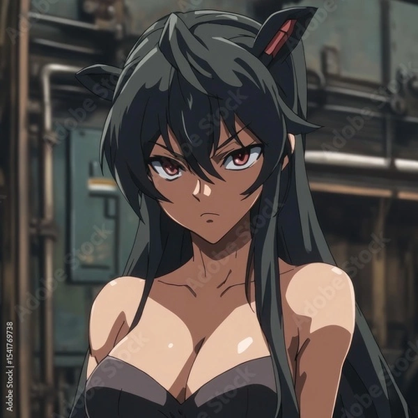Fototapeta Close-up of a dark-haired anime girl with intense expression, wearing a dark outfit, and cat ears. Industrial background
