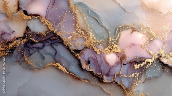 Obraz Elegant Marble and Geode Fluid Art with Soft Lavender, Pink, and Metallic Gold
