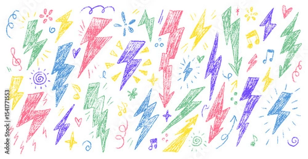 Fototapeta Colorful Crayon Lightning Drawings with Symbols and Notes in Vector Style