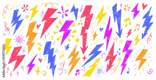 Fototapeta Colorful Crayon Lightning Bolts with Fun Decorative Elements on White