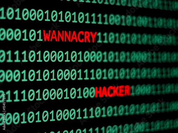 Obraz Computer screen shot with binary code and wannacry  text, great concept for technology computer and online security