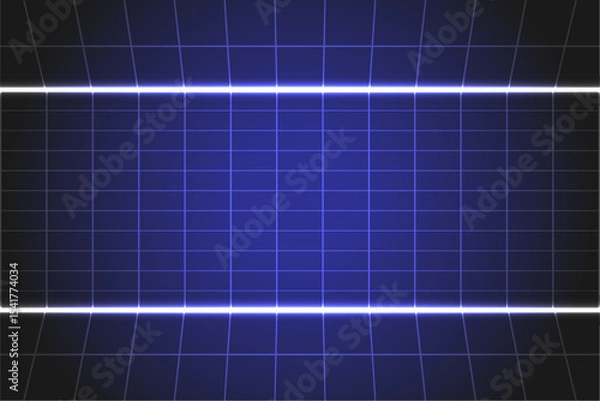 Fototapeta Futuristic Grid Background with Glowing Horizontal Light and Dark Blue Gradient, Ideal for technology, sci fi or digital presentation themes