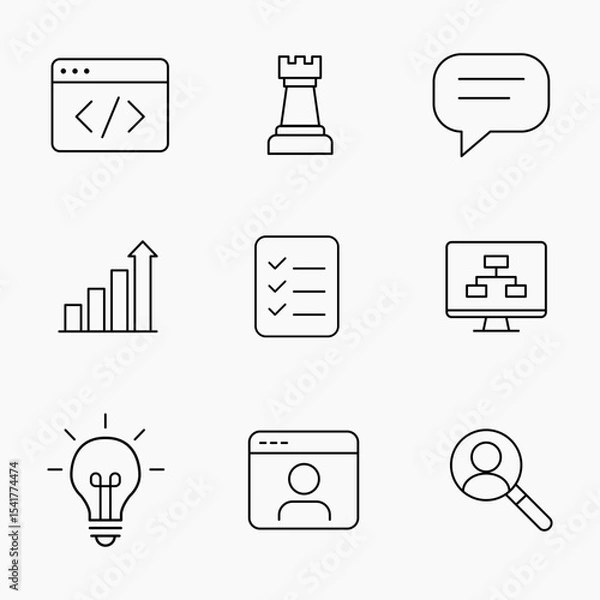 Fototapeta Minimal outline icons Set for Web Development and Business Strategy ideal for planning and innovation or tech design projects