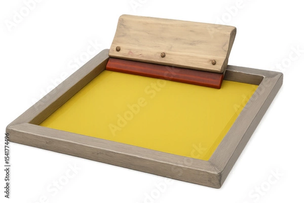 Obraz Wooden screen printing frame with yellow ink and squeegee on transparent background