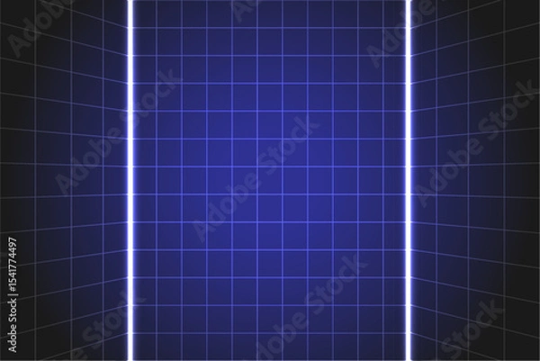 Fototapeta Futuristic Grid Background with Glowing vertical Light and Dark Blue Gradient, Ideal for technology, sci fi or digital presentation themes