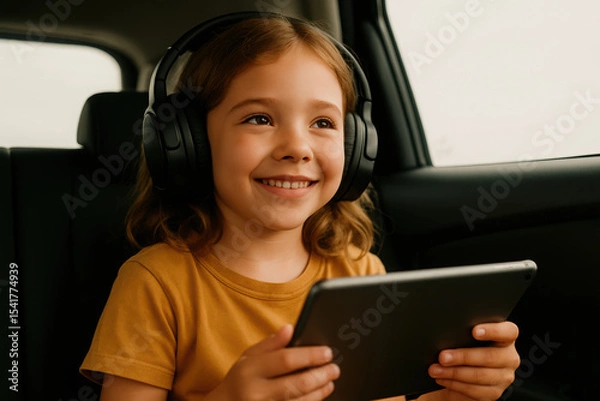Obraz Happy child wearing headphones using tablet in car backseat, enjoying technology, smiling girl