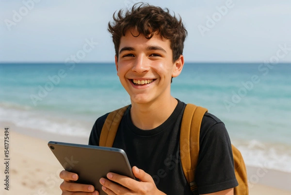 Obraz Smiling teen boy with tablet on sunny beach day