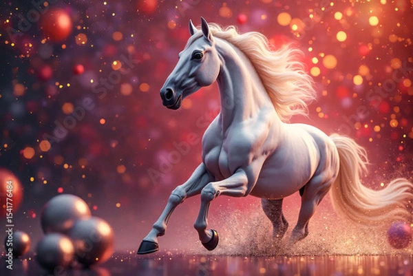 Fototapeta Running frisky horse on festive lightening background. Greeting card. Proud steed. Symbol of 2026 new year.