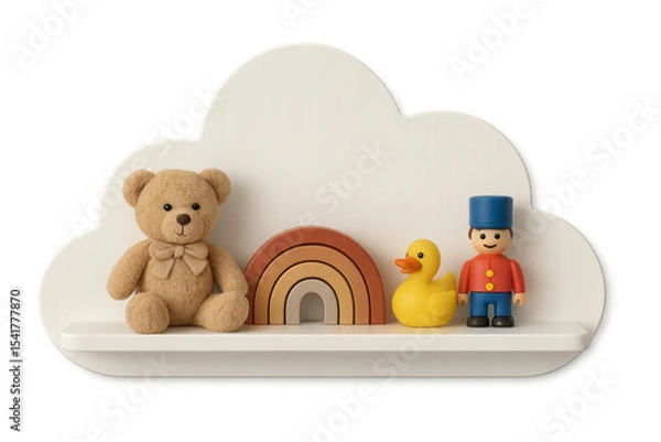 Obraz Teddy bear, rainbow toy and rubber duck sitting on cloud shaped shelf with transparent background