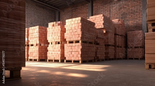 Obraz Warehouse interior filled with neatly stacked red bricks on wooden pallets, dusty floor, warm side lighting, industrial realism 