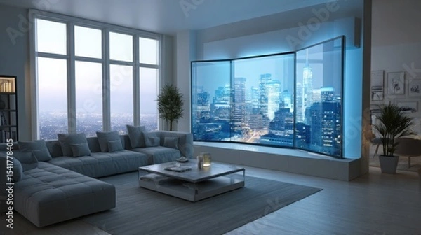 Obraz Wall-integrated foldable display unfolding automatically, high-tech home setting, realistic lighting, innovative living solution