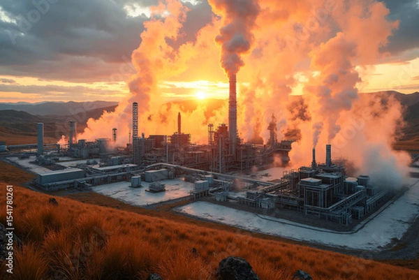 Fototapeta Factory on a renewable source of geothermal energy in highlands. Renewable geothermal energy pant.