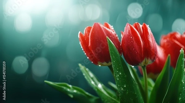 Obraz Close-up view of vibrant red tulips glistening with water droplets, evoking feelings of freshness and beauty amidst a dreamy, softly blurred background.