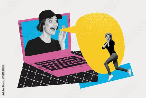 Fototapeta Full 3d zine pop trend collage of two happy girls stand laptop device bubble communication friends chatting dialogue phrase