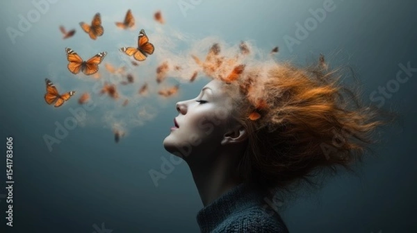 Fototapeta A captivating and dreamy profile portrait of a woman surrounded by butterflies and ethereal smoke, merging the beauty of nature with the abstract elegance of human emotion.