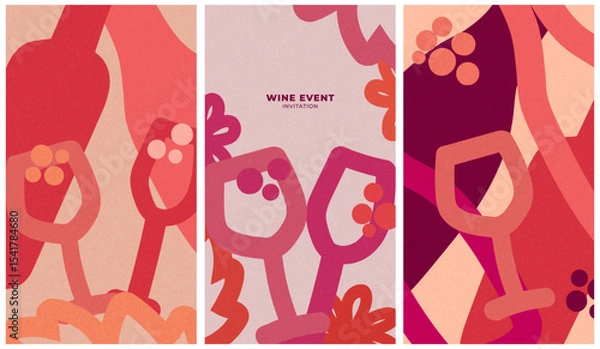 Fototapeta hand-drawn wine event invitations – retro minimalist vector posters with textured backgrounds