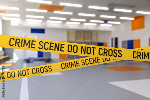 Obraz Yellow tape with the words Crime Scene Do Not Cross written on it. The tape is placed in school gym room. 3d render