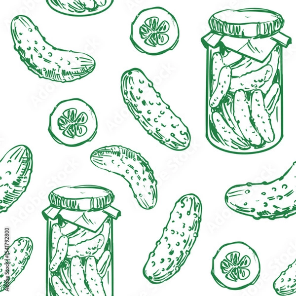 Obraz Pickles, cucumbers in a jar, seamless pattern, hand drawn sketch, realistic vector illustration