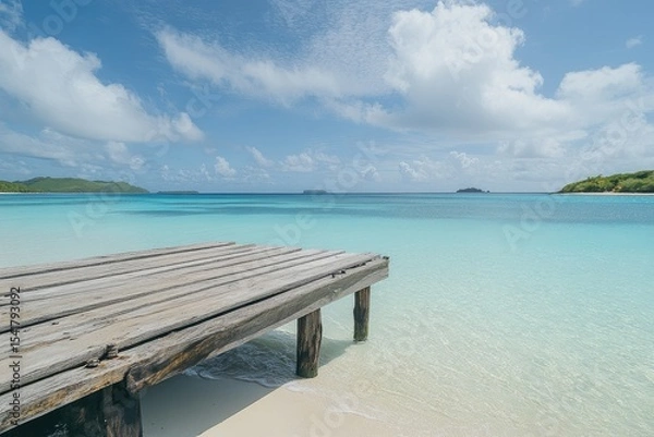 Obraz Wooden dock extends into a tranquil turquoise bay under a partly cloudy sky