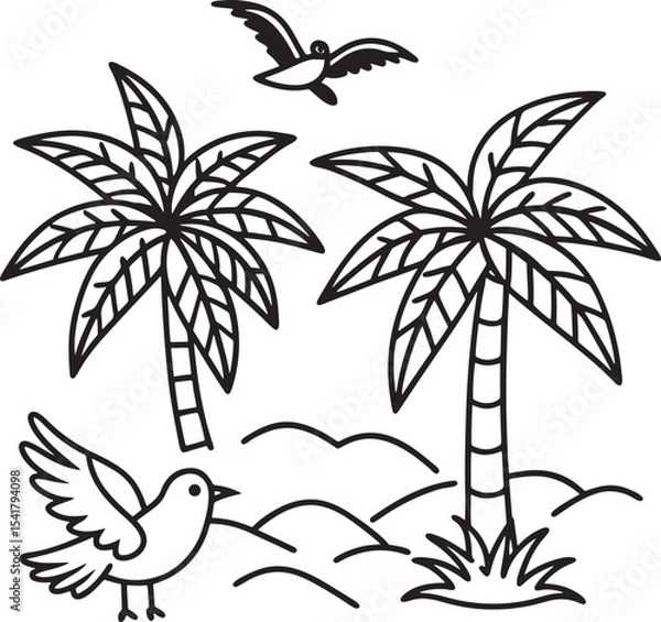 Fototapeta A vibrant vector illustration of a tropical island paradise with palm tree silhouettes against a summer sky